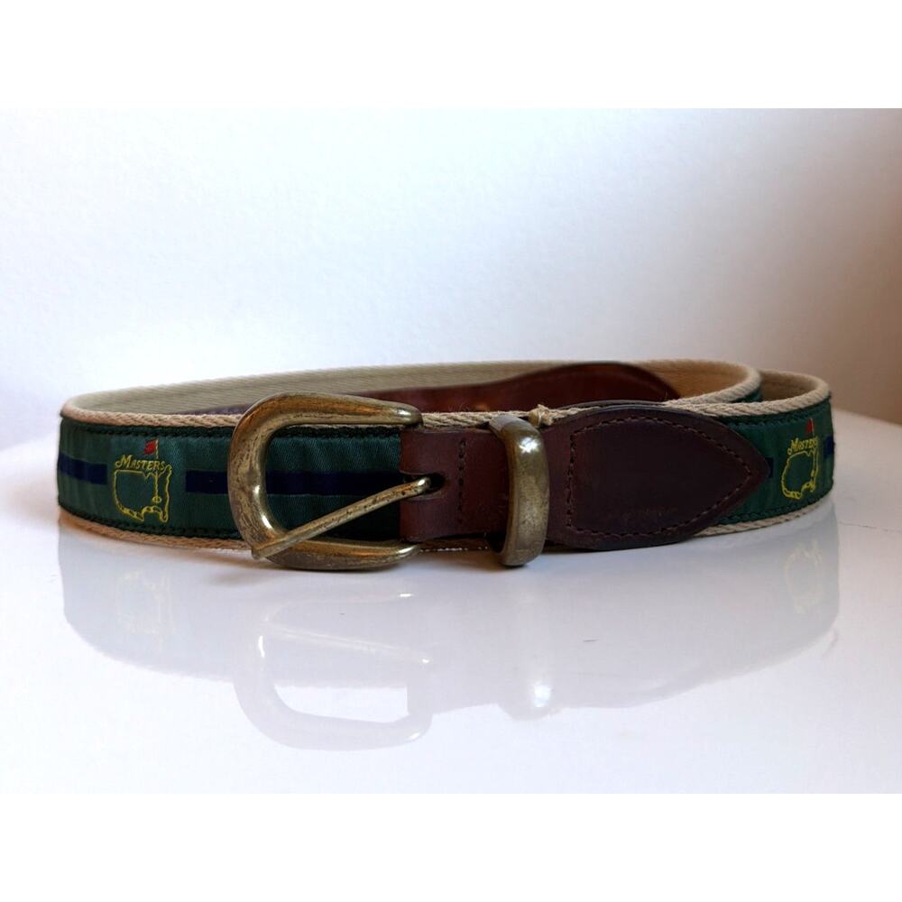 Masters Augusta National Golf Belt Mens 38 Green Canvas Leather Brass Buckle